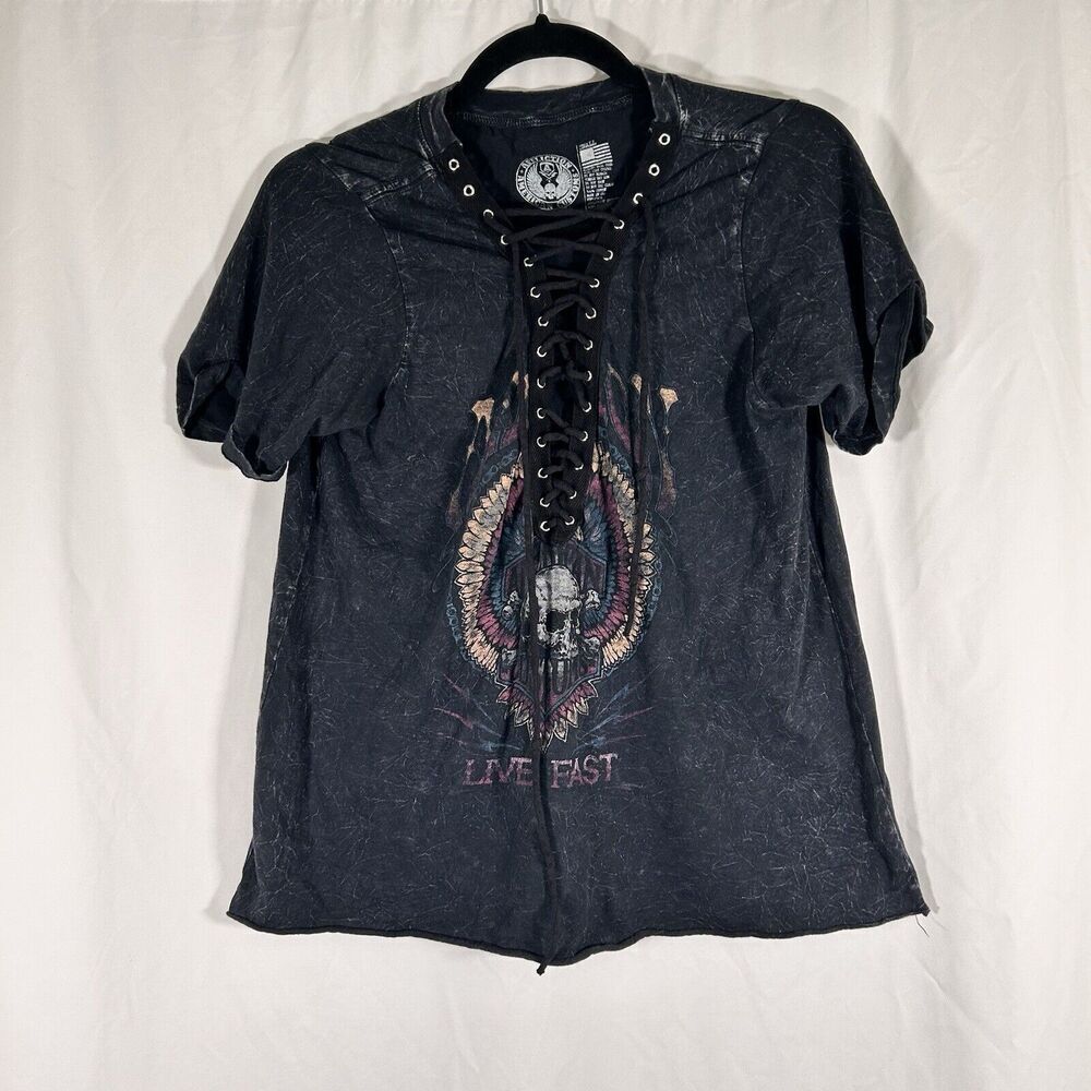 Affliction American Customs Blouse Women Small Black Tie Front Skull Short Sleev